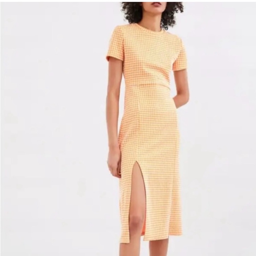 Zara white yellow gingham print midi shirt sleeve dress